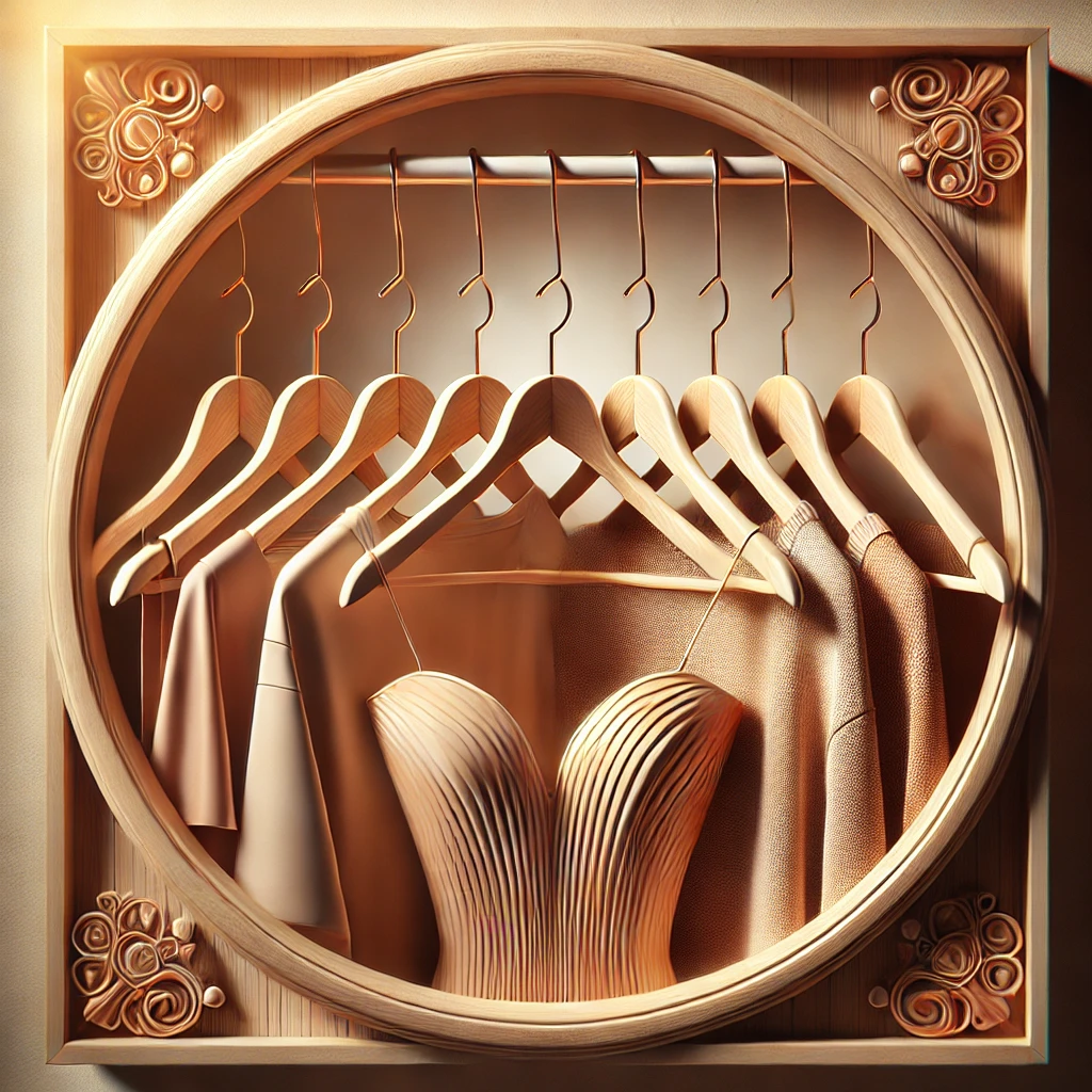 DALL·E 2025 03 17 11.25.07 A beautiful and aesthetic illustration of elegant wooden hangers enhancing the visual appeal of a wardrobe. The hangers are finely crafted, smooth, an