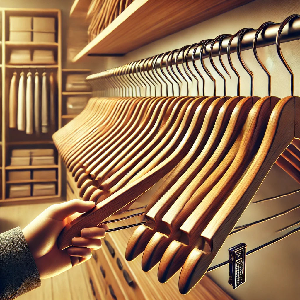 DALL·E 2025 03 17 13.57.21 A realistic illustration of a person selecting high quality wooden hangers in a clothing store. The wooden hangers are neatly aligned and straight, fe