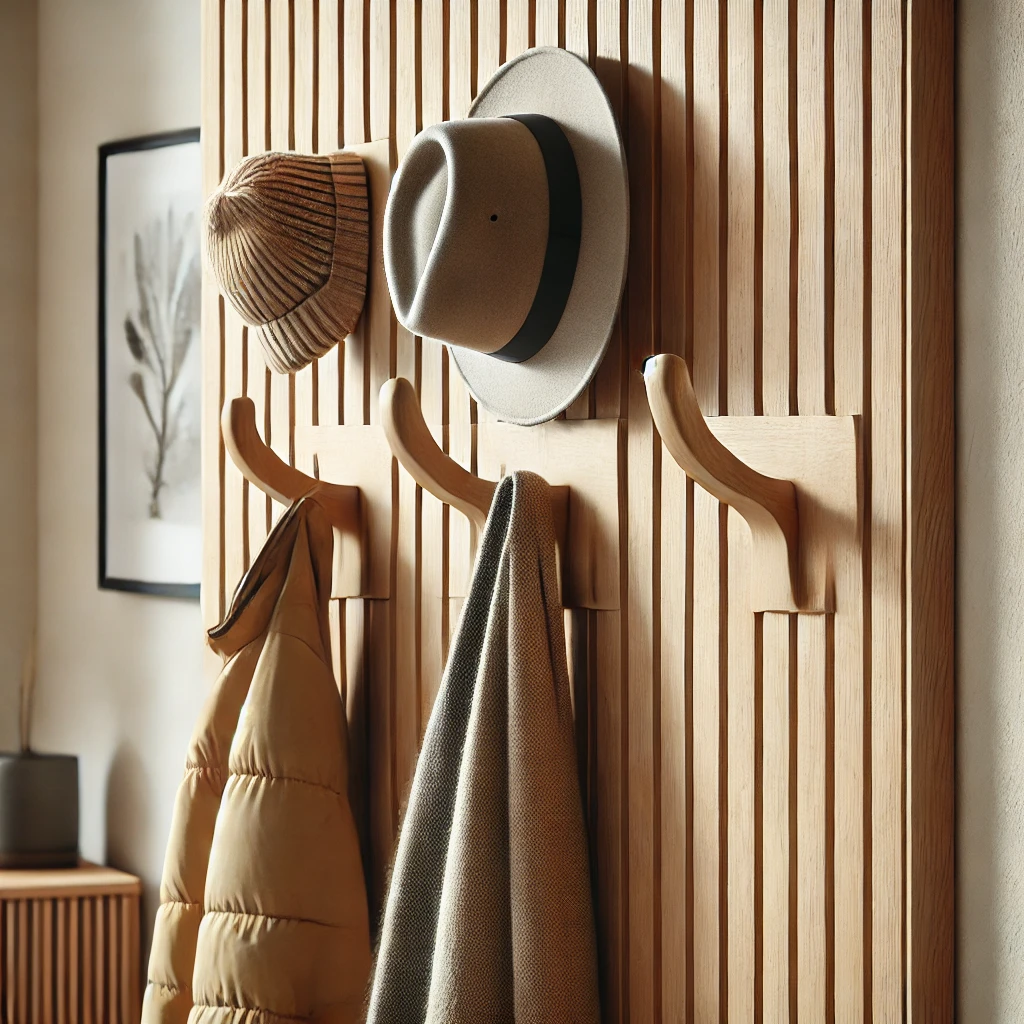 DALL·E 2025 03 17 16.34.44 A stylish wooden hook designed for hanging accessories such as scarves, hats, and belts. The hook is made of natural wood with a smooth, polished fini