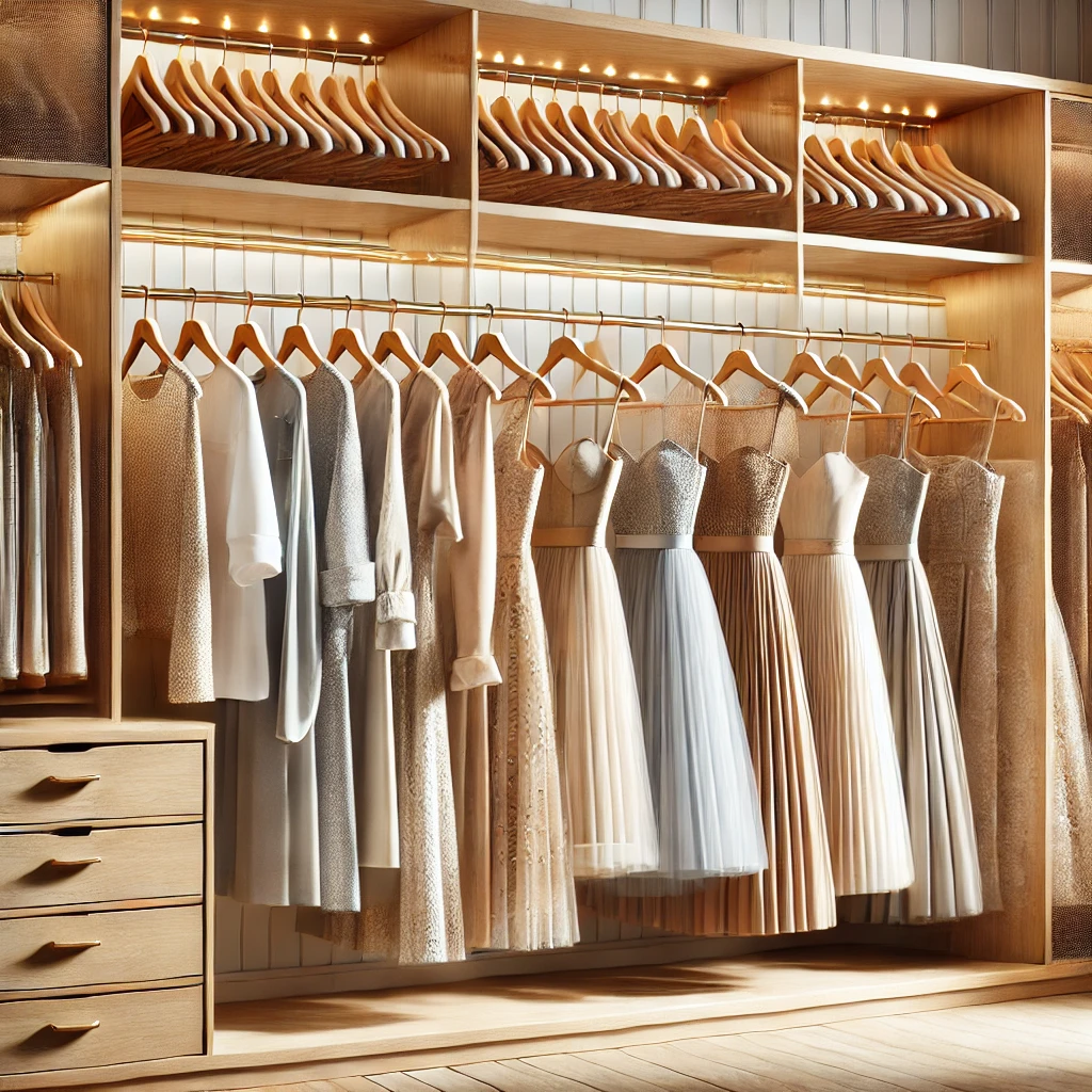 DALL·E 2025 03 18 09.16.54 A stylish and realistic digital illustration of a beautifully organized wardrobe with elegant wooden dress hangers. The wardrobe is filled with dresse