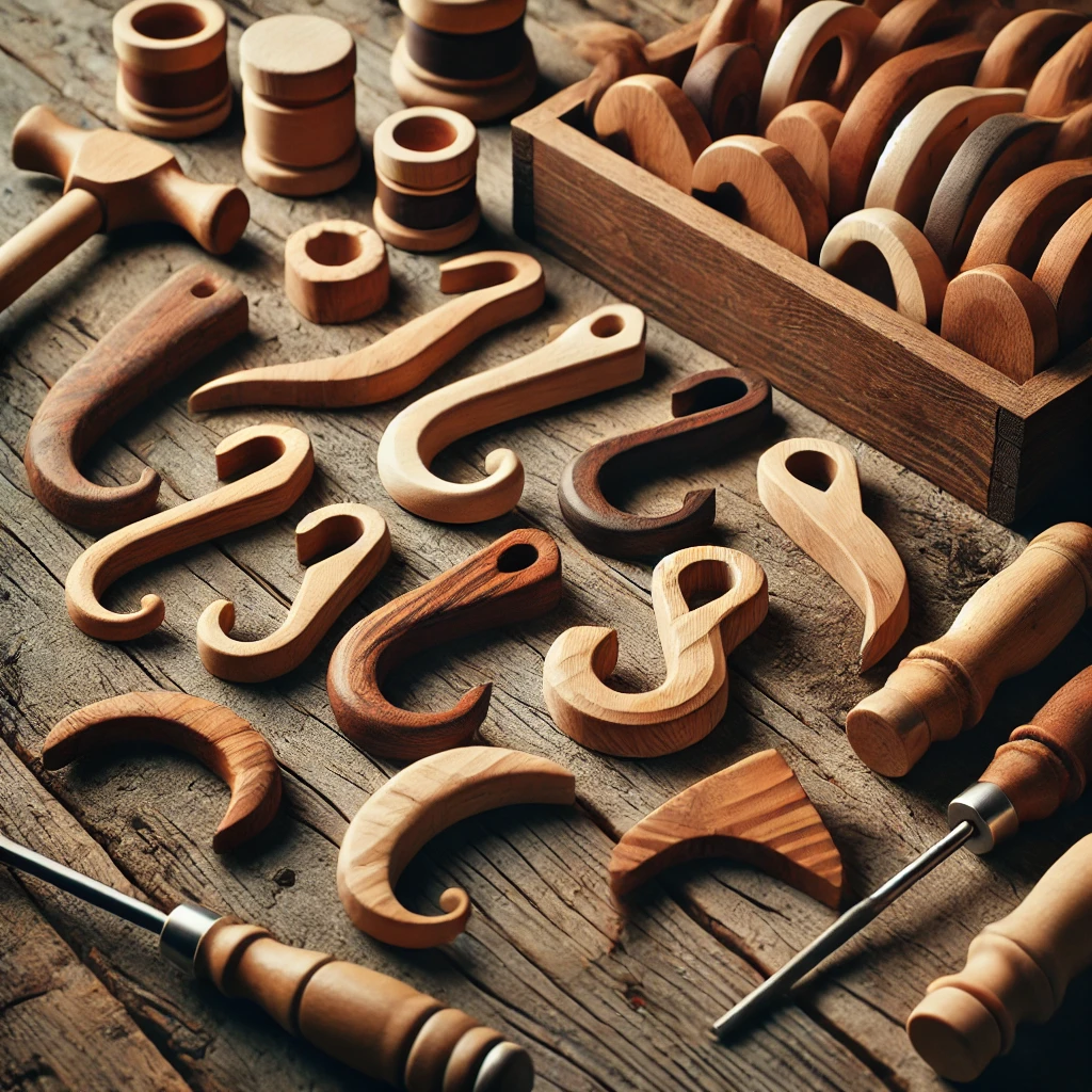 DALL·E 2025 03 18 09.34.00 A collection of handmade wooden hooks, crafted from different types of wood like pine, oak, and walnut. The hooks are arranged on a rustic wooden tabl