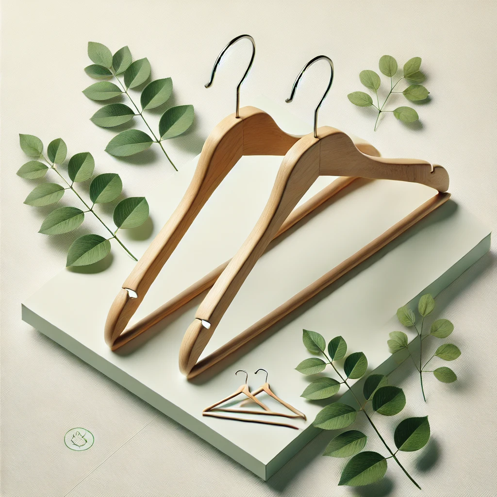 DALL·E 2025 03 18 09.50.01 A set of eco friendly wooden hangers made from natural, sustainable wood, displayed against a clean, minimalistic background. The hangers have a smoot