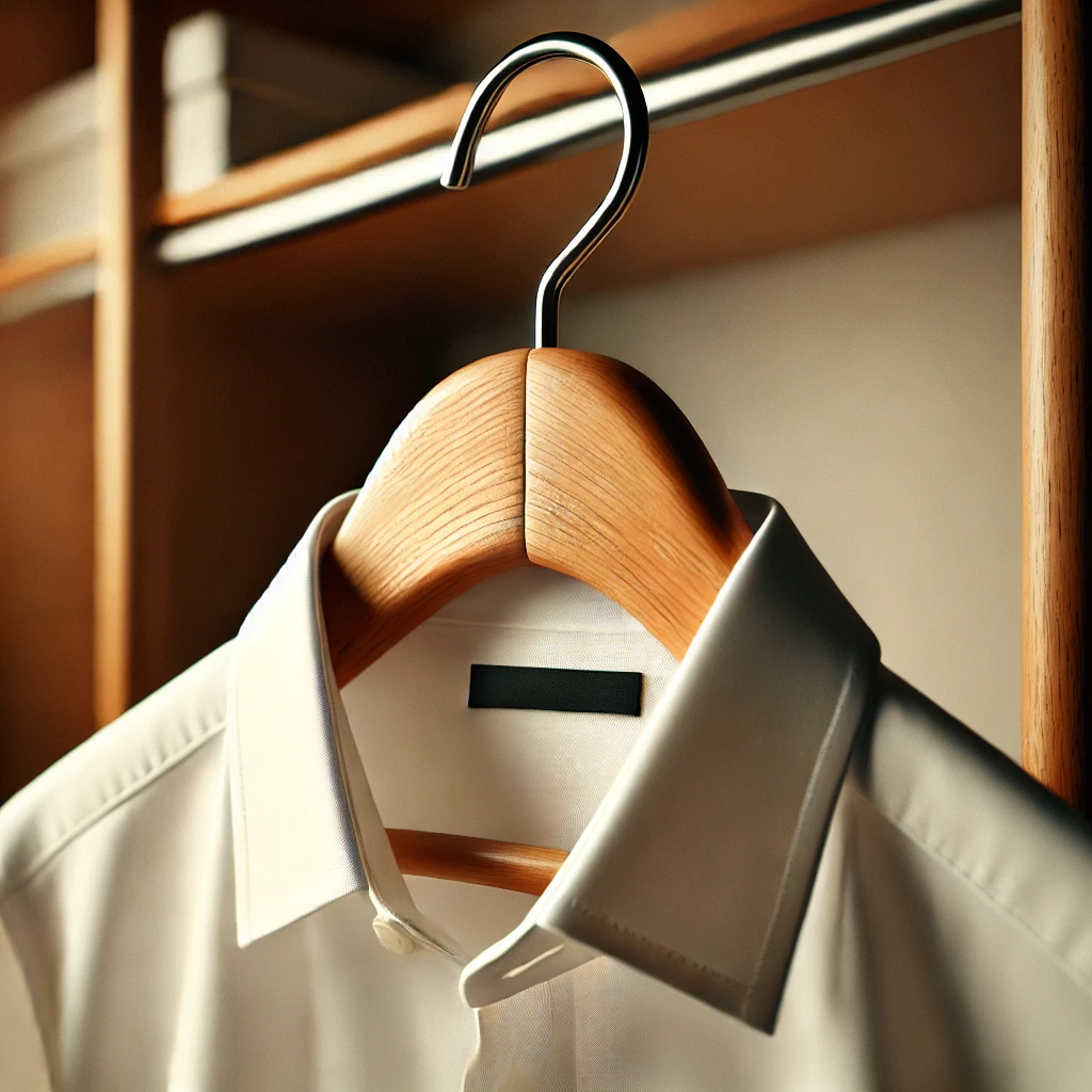 DALL·E 2025 03 18 10.40.19 A high quality wooden hanger holding a neatly pressed white dress shirt. The hanger is made of polished natural wood with a curved design to maintain