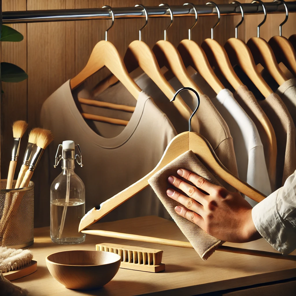 DALL·E 2025 03 19 13.54.24 A high quality realistic photograph of a person carefully cleaning a wooden clothes hanger. The person is using a soft microfiber cloth to wipe the ha