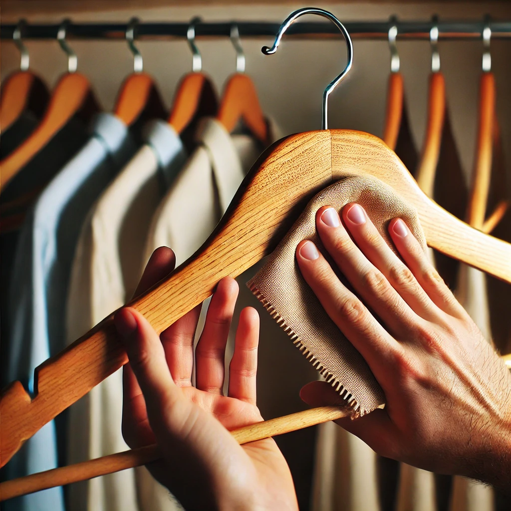 DALL·E 2025 03 24 11.01.33 A person cleaning a high quality wooden hanger using a soft cloth and natural wood polish. The hanger, made of oak and cedar, has a smooth, polished s