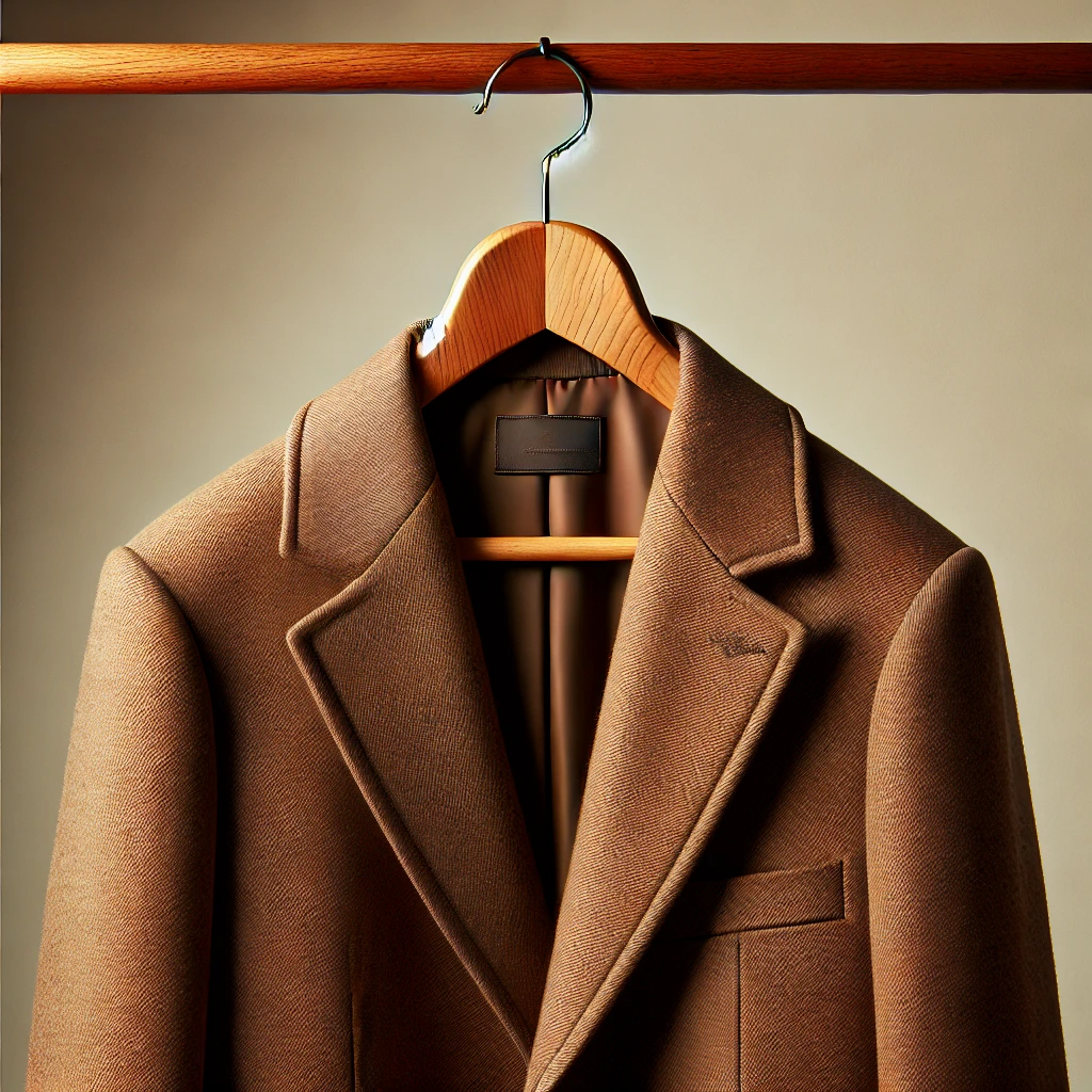 DALL·E 2025 03 24 15.42.32 A single elegant wooden coat hanger with a classic brown wool coat hanging on it. The hanger is made from high quality oak wood with a smooth finish a