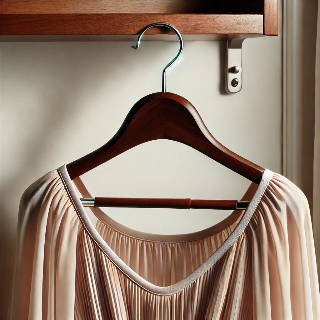 DALL·E 2025 03 24 16.25.12 A stylish wooden hanger holding a neatly hung dress. The hanger is made of polished dark walnut wood with a smooth curved design to prevent creases. I