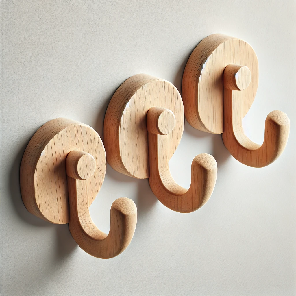 DALL·E 2025 03 26 15.54.46 A set of three simple wooden hooks mounted on a white background. Each hook is crafted from natural light wood, smoothly finished, and designed in a m