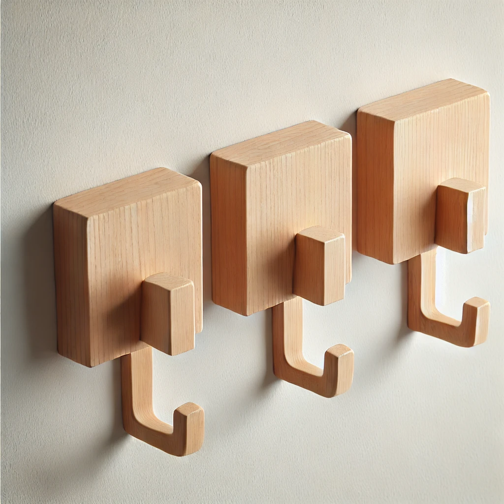 DALL·E 2025 03 26 15.55.20 A row of four wooden wall hooks mounted on a clean white wall. Each hook is a simple rectangular block with a small peg extending outward for hanging