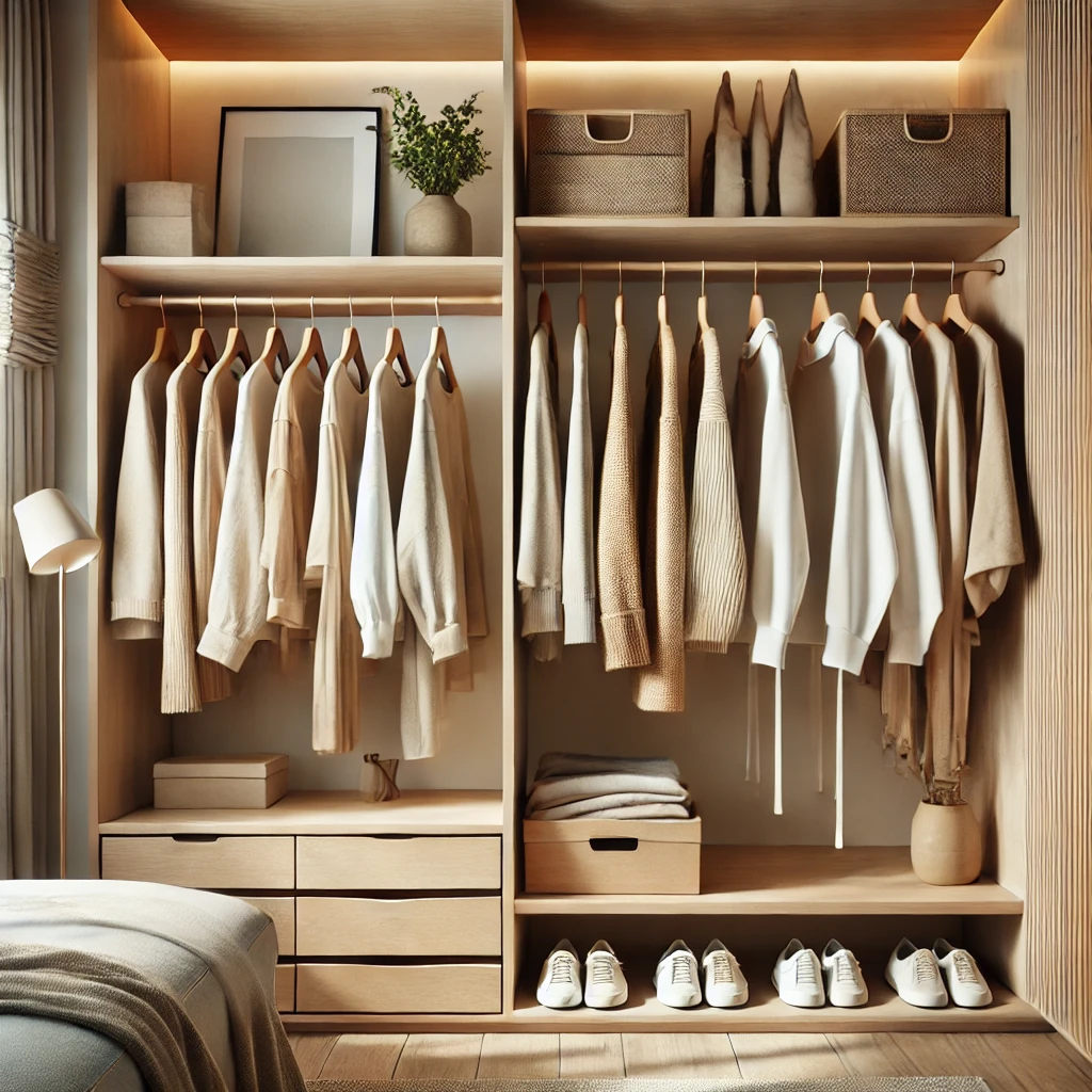 DALL·E 2025 03 28 11.16.23 A stylish minimalist wardrobe with wooden hangers neatly arranged, holding neutral colored clothing. The wardrobe is open, well lit with natural light