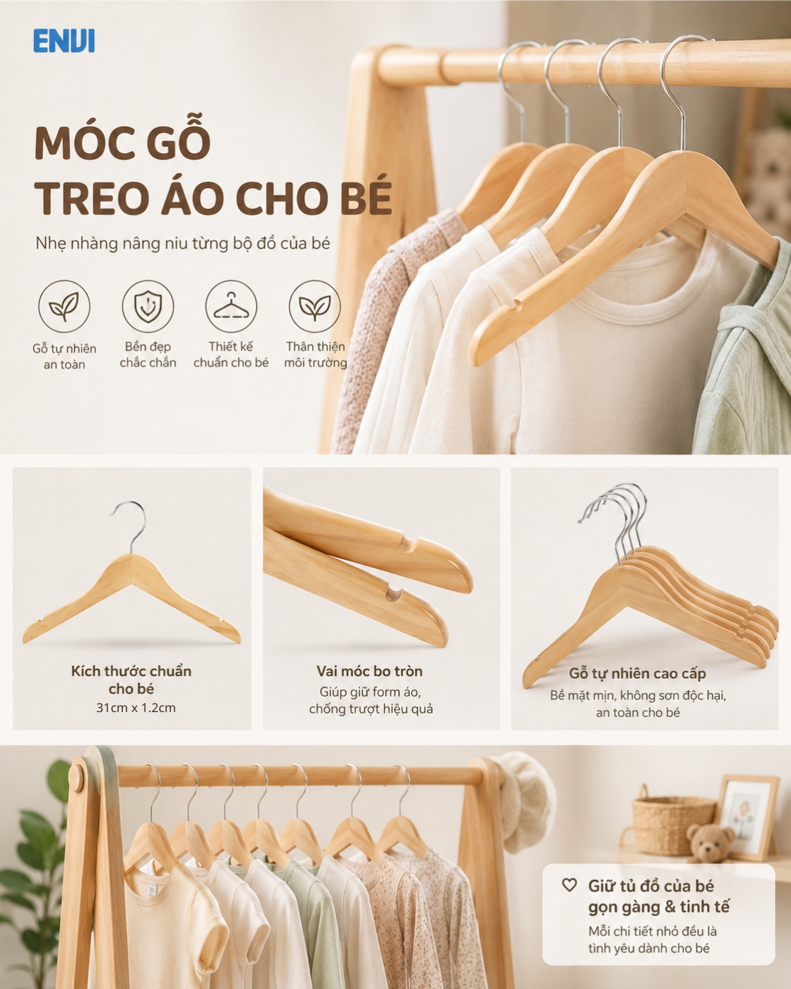 Móc gỗ treo áo cho bé